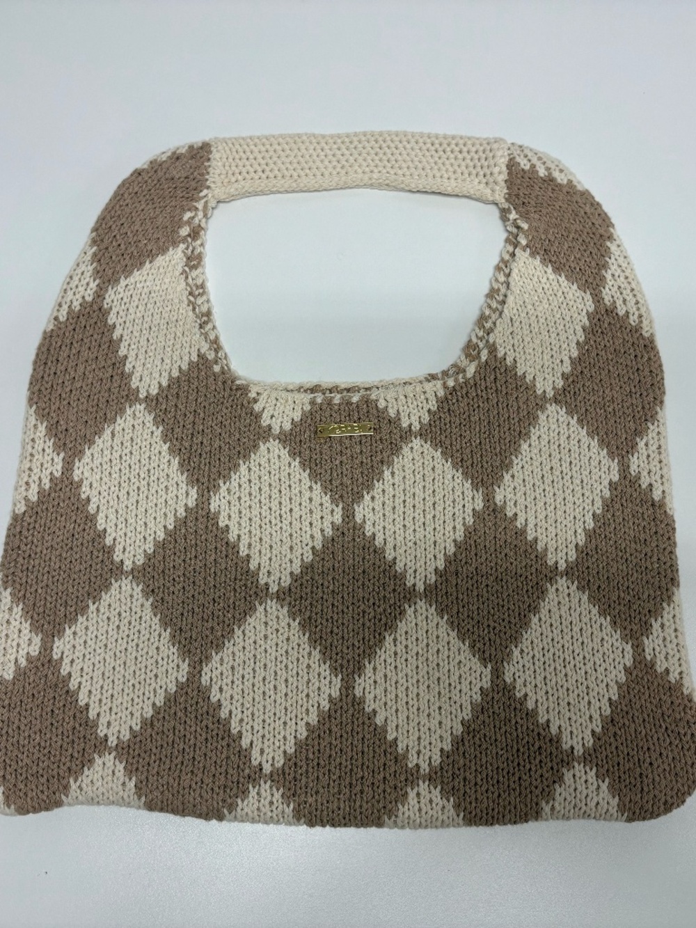 KOPARI Limited Edition Checkered Knit Tan Cream Tote Bag - NEW Without Tag.